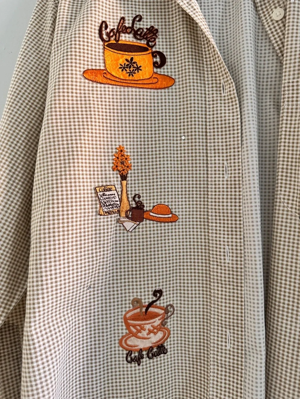 Vintage Coffee Embroidered Gingham Button Up Shirt Café Aesthetic Brown Beige Si - Picture 2 of 5
